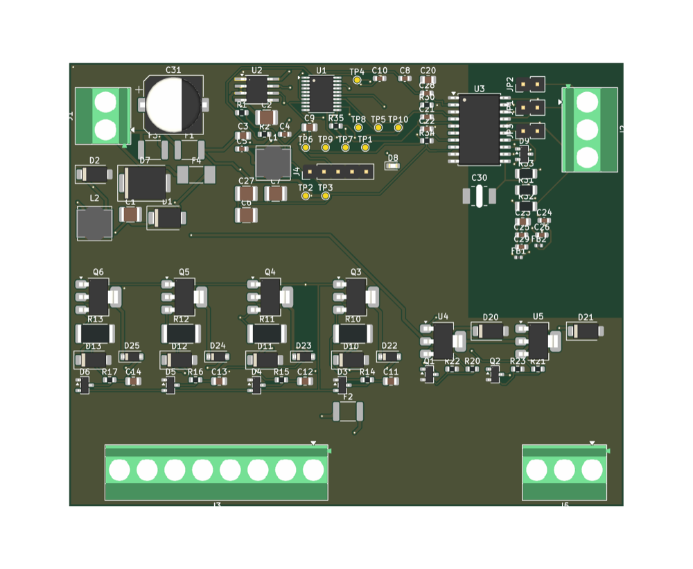 Render of the top side of the 100 by 80 millimetre PCB with terminals, microcontroller and RS-485 isolation