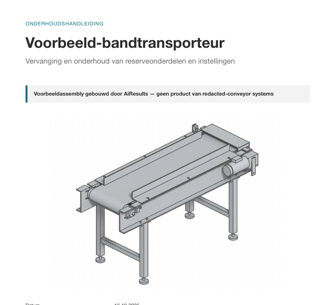 Omslag van de gegenereerde onderhoudshandleiding: voorbeeld-bandtransporteur, met een 3D-aanzicht van de transporteur