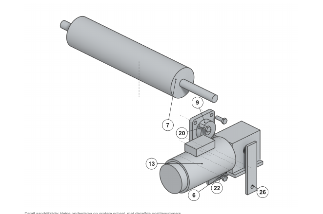 Detailtekening van de aandrijfzijde met positienummers 6, 7, 9, 13, 20, 22 en 26