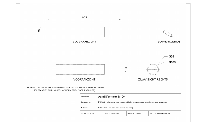 Maattekening van de aandrijftrommel D100 met bovenaanzicht, vooraanzicht, zijaanzicht en titelblok