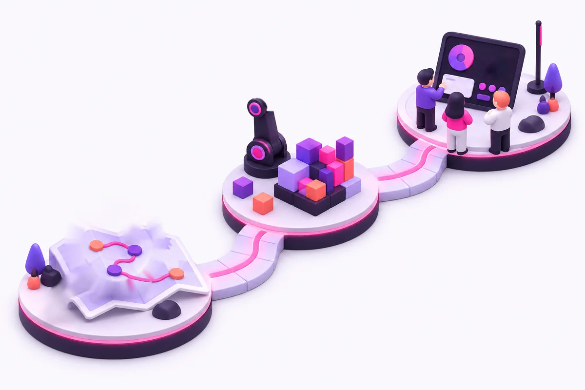 A path with three stations: a magnifying glass on a process map, a robot arm that builds blocks, and a team at a working dashboard with a flag.