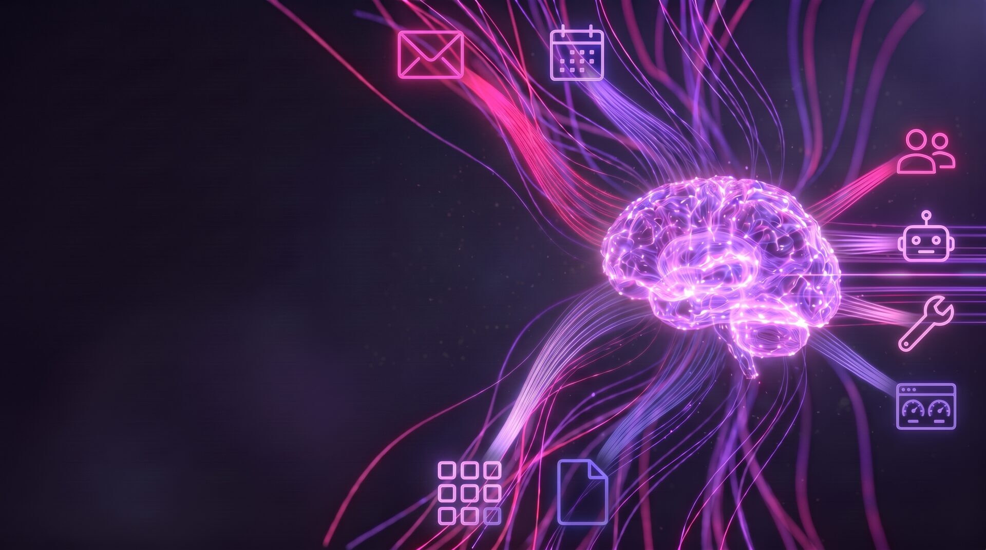 A brain made of light. Streams from e-mail, calendar, apps and documents flow in; beams flow out to people, agents, tools and the control panel.