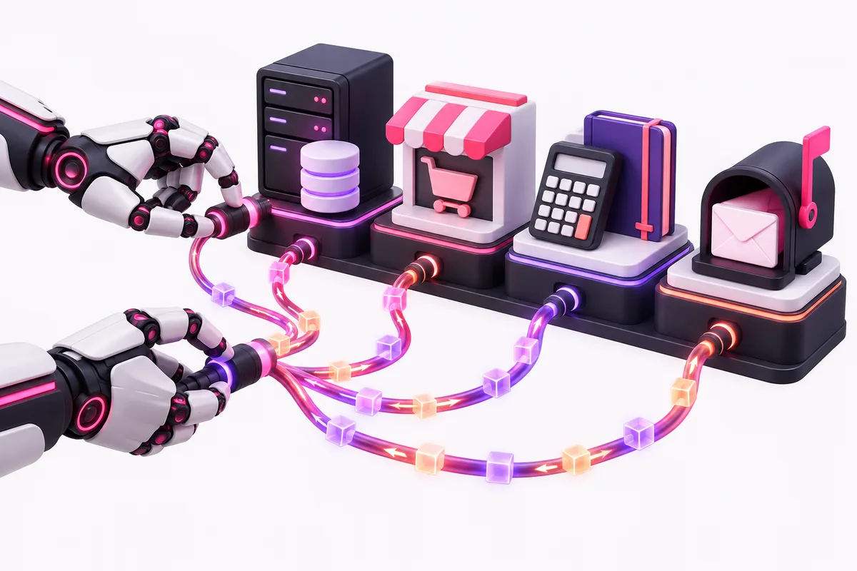 Twee robothanden verbinden kabels met een server, een webshop, een rekenmachine, een map en een brievenbus.