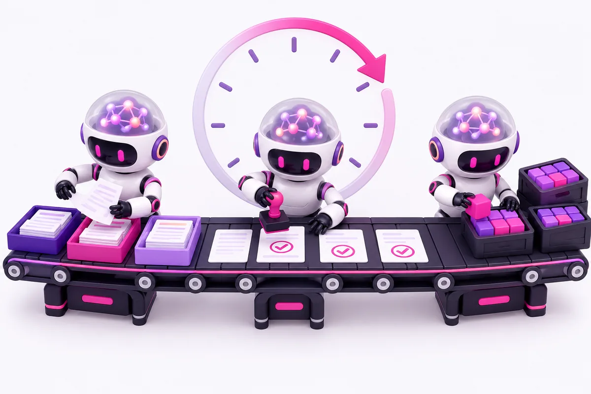 Drie robots aan een lopende band maken van stapels papier afgevinkte documenten, onder een grote klok.