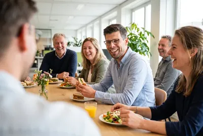 Lunch with a client team at a long table.