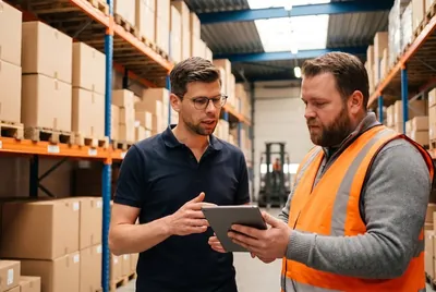 Tim and a warehouse worker look at a tablet together.