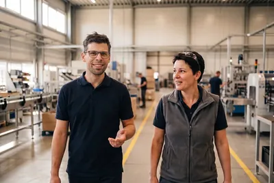 Tim walks through the production hall with a client.