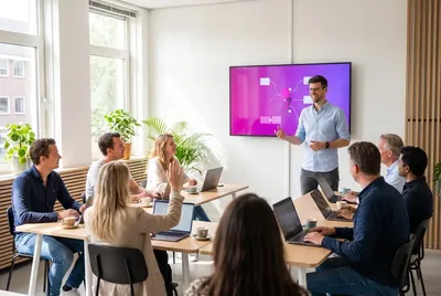 Tim gives a workshop to a team at a large screen.